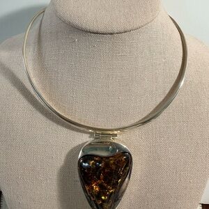 925, Sterling Silver Hinged Amber Teardrop Choker Necklace - Women Jewelry